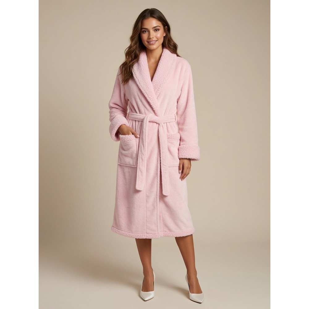 Charter Club Intimates Pink Plush Sherpa Trim Robe Shawl Collar M/L Loungewear